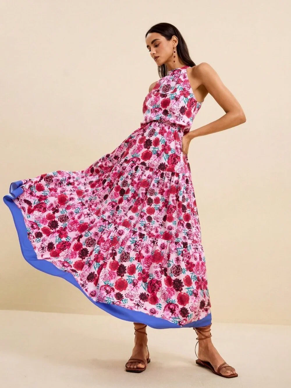 Multicolor Boho Women's Sleeveless Ditsy Floral Waist Cinched Dress